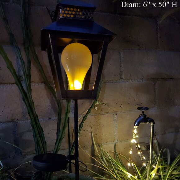 50" H, Solar LED Metal Lantern Garden Stake With Flickering Light Bulb - Picture 1 of 4